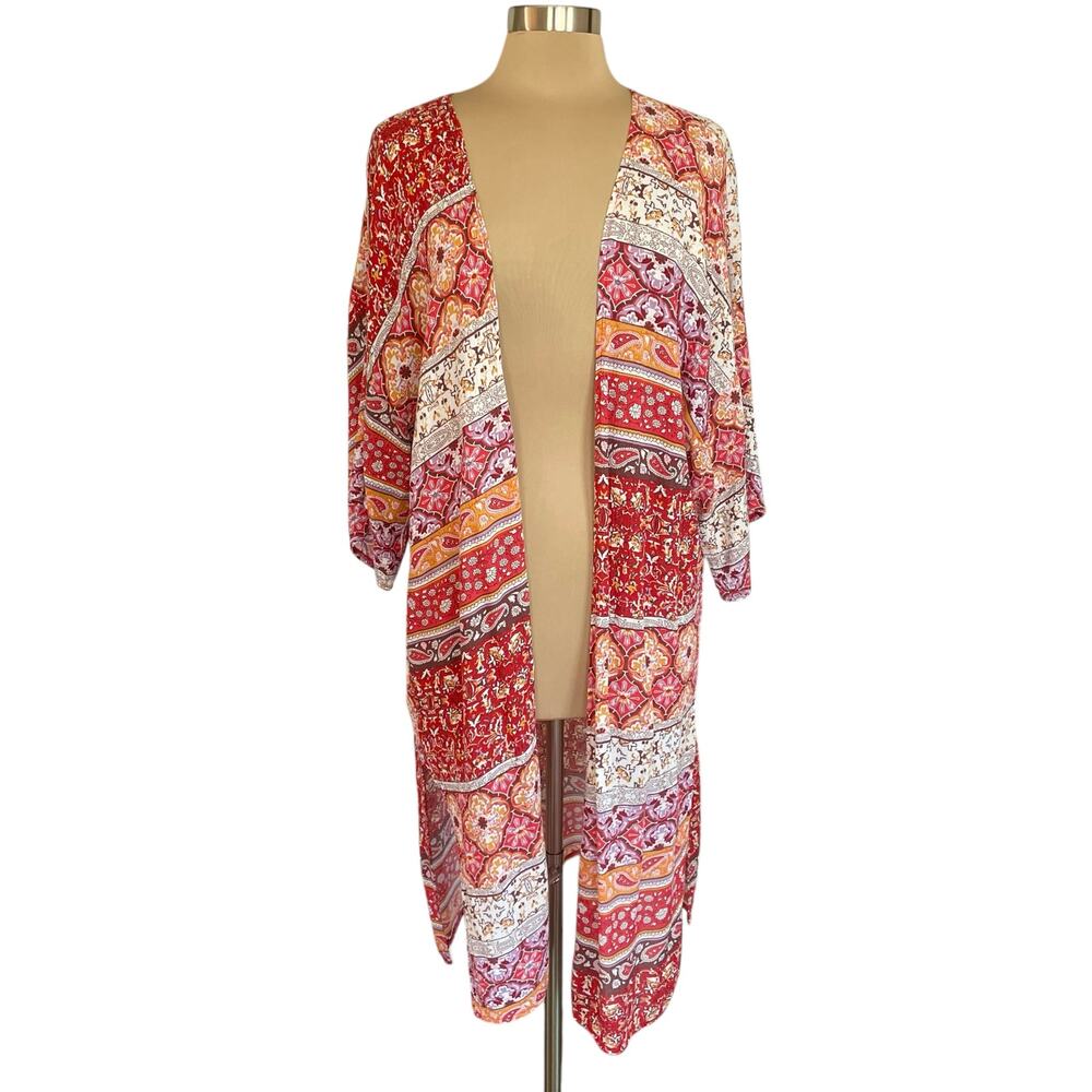 Rikka Morocan Print Long Line Kimono Cover Up Womens One Size Gauzy Beachy